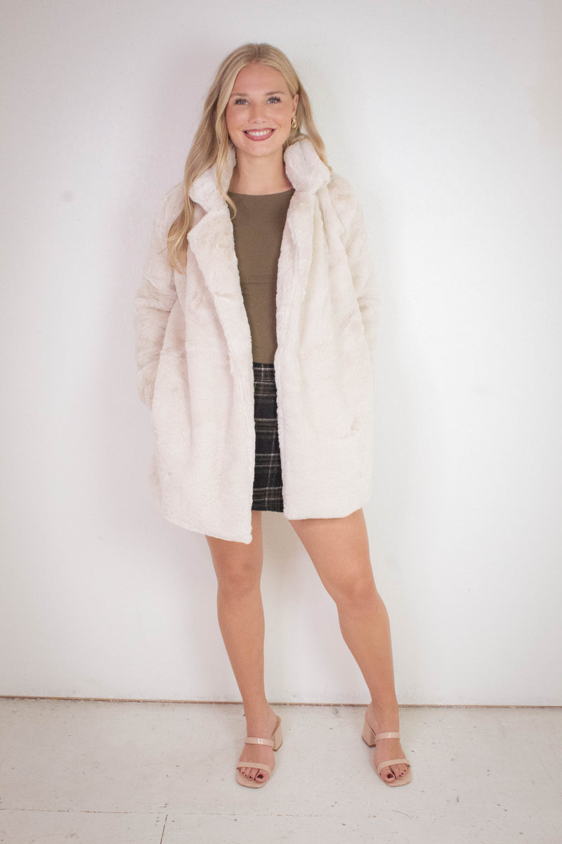 Ayla Faux Fur Collared Long Coat, Tan