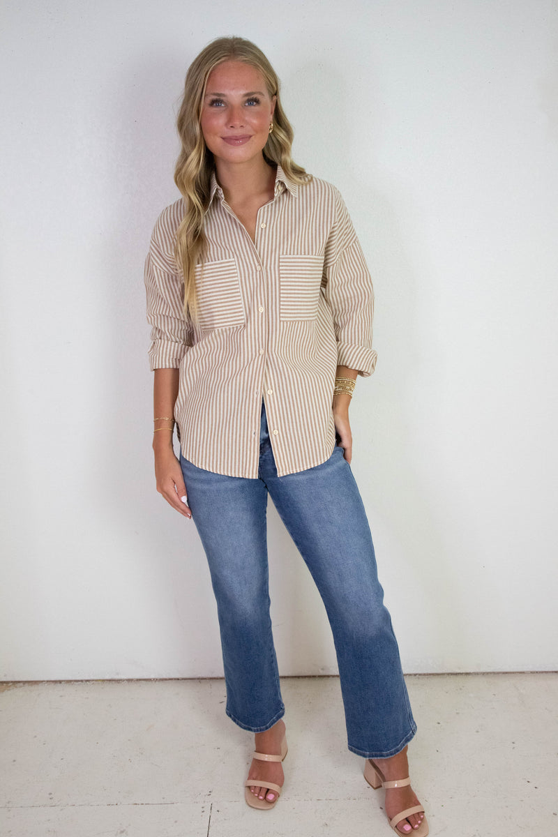 Rachel Striped Button Down Shirt, Taupe