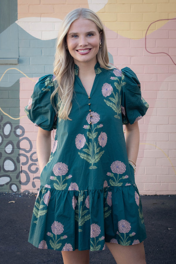 Avery Floral Bubble Sleeve Dress, Hunter Green