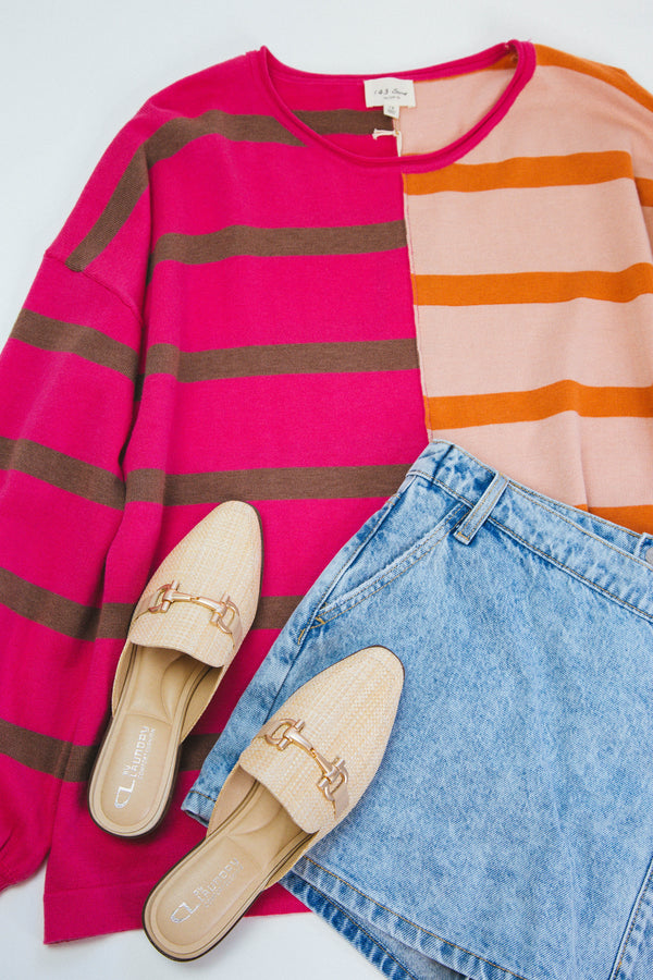 Callie Colorblock Stripe Sweater, Fuchsia/Ginger | Plus Size