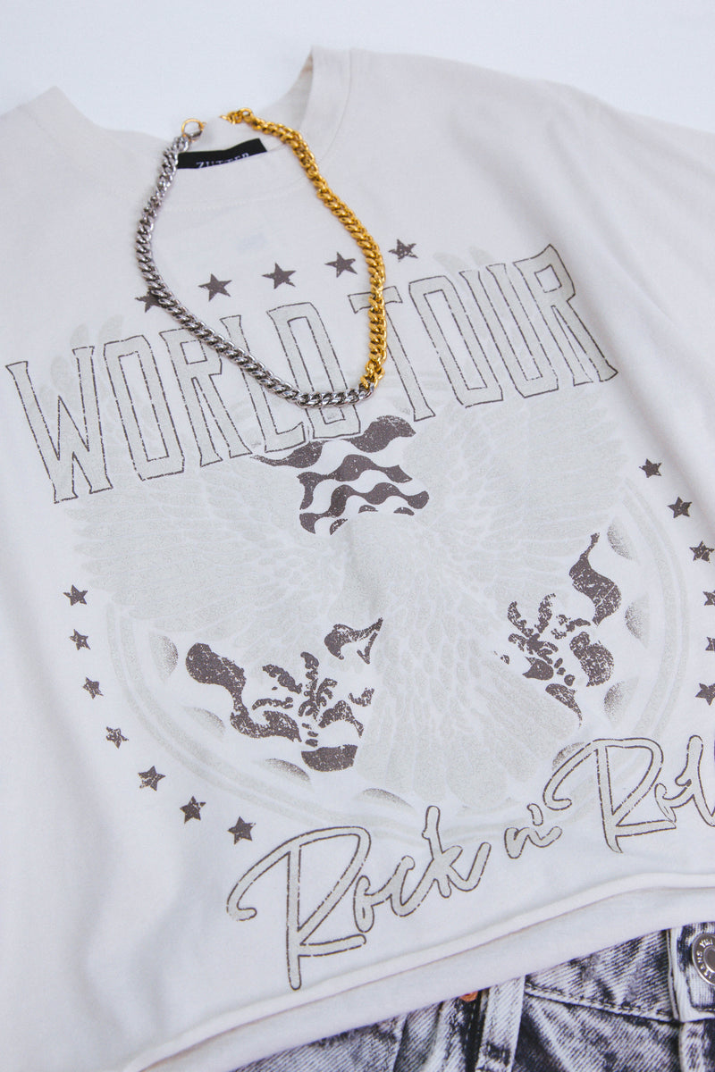 World Tour Cropped Graphic Tee, Antique White
