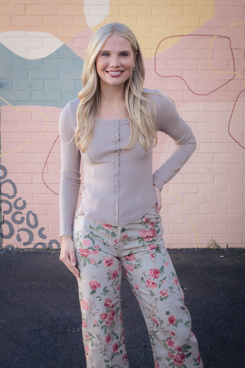 Opal Waffle Knit Snap Button Top, Mocha