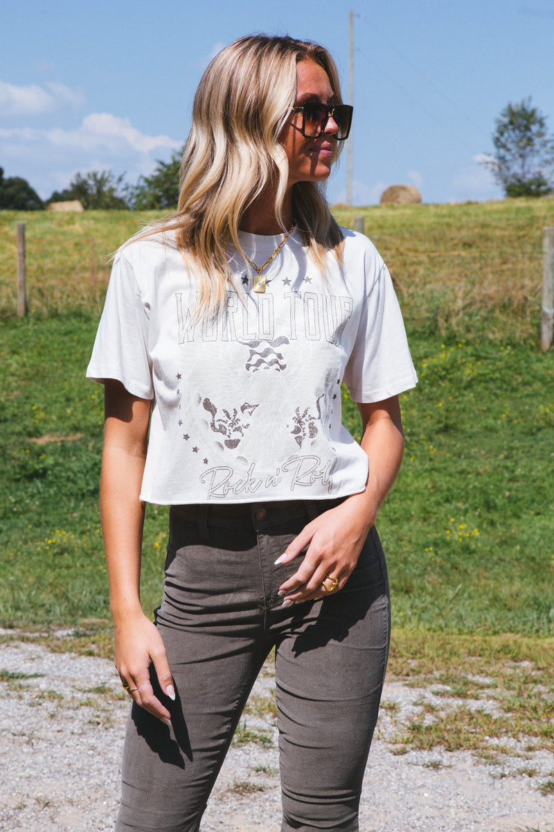 World Tour Cropped Graphic Tee, Antique White
