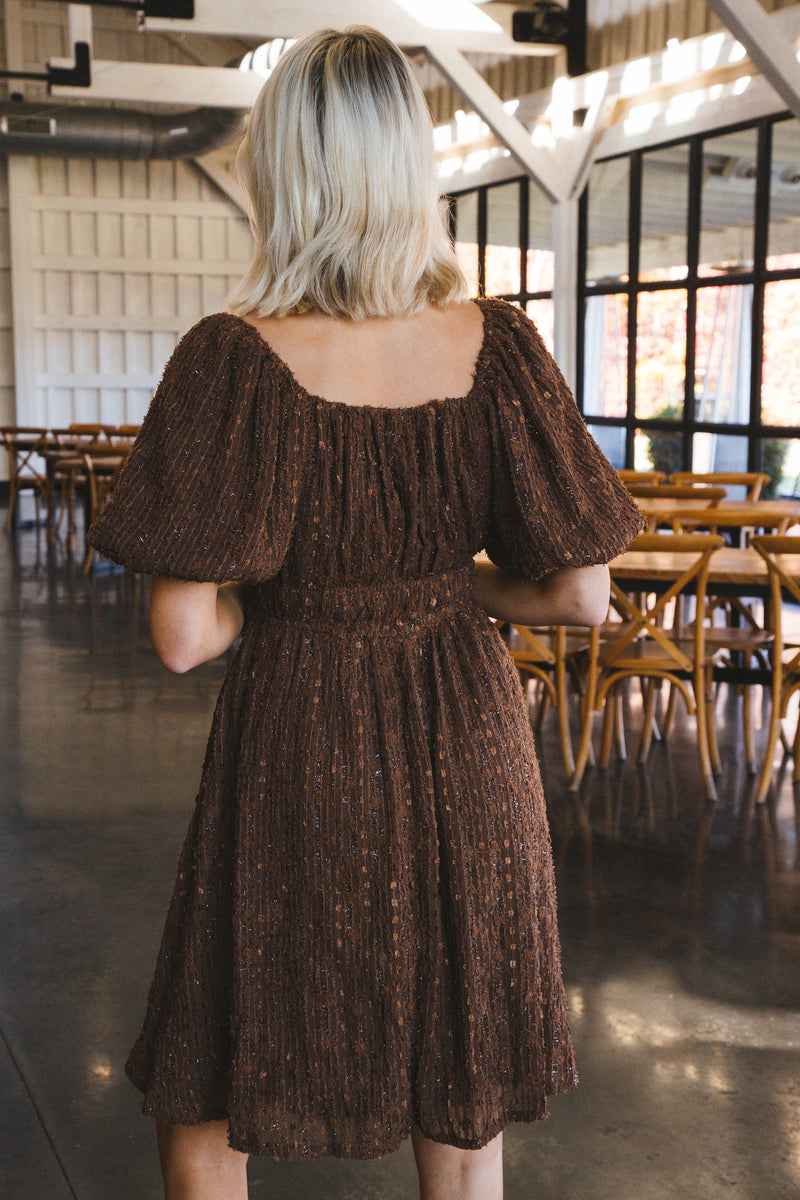 Davina Textured Square Neck Dress, Brown