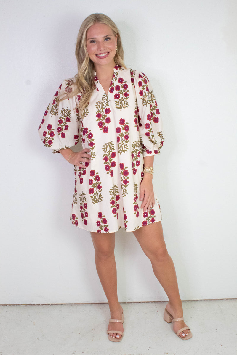 Esme Floral V-Neck Mini Dress, Red Ecru