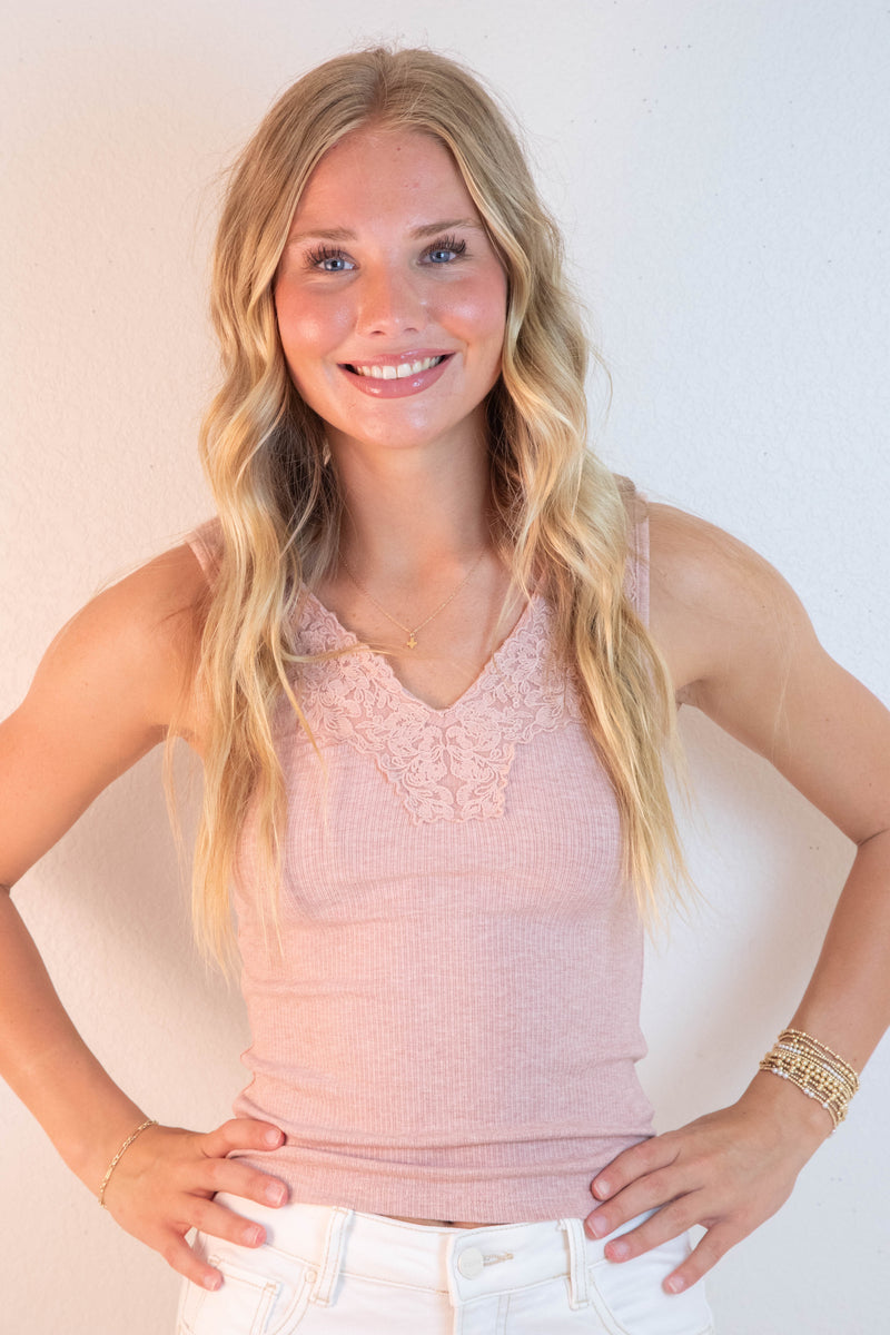 Felicity Lace Trim Ribbed Tank, Dusty Mauve Melange