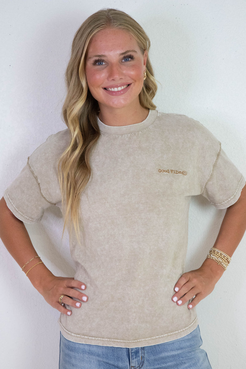 Emory Washed Good Vibes Tee, Mocha