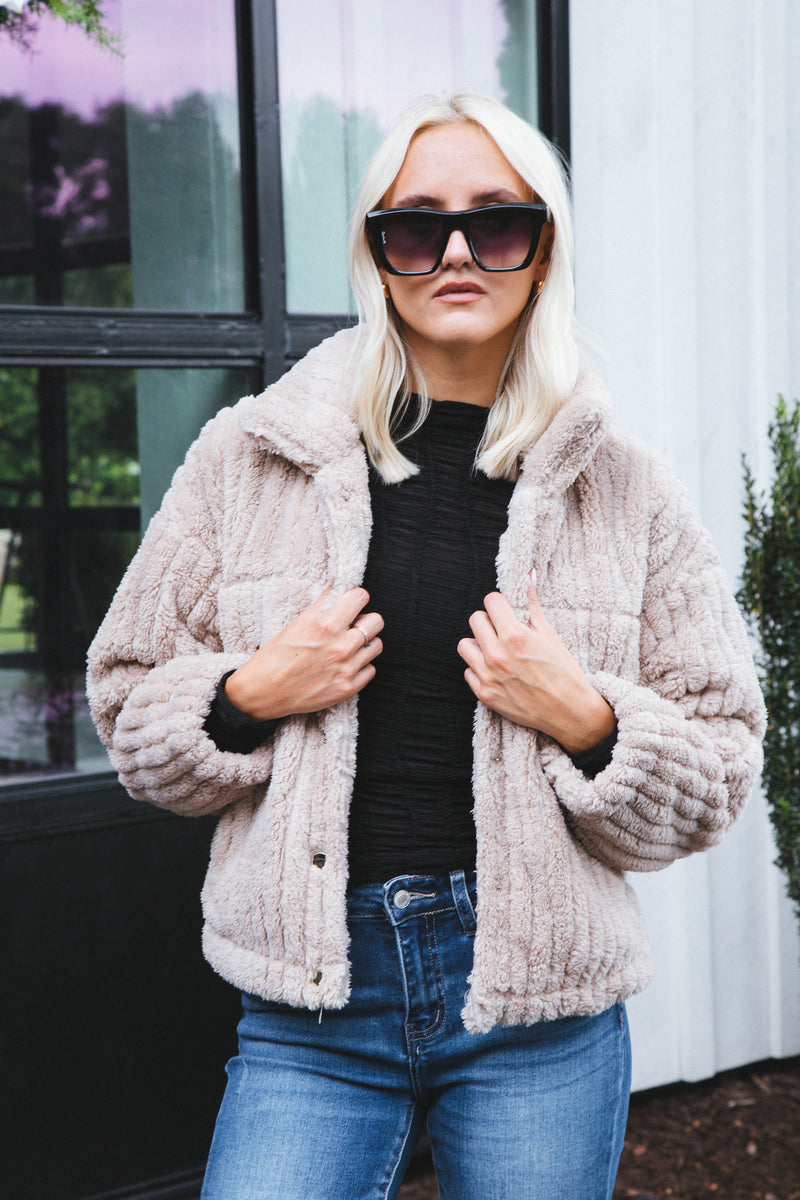 Teddy Snap Button Down Jacket, Mocha