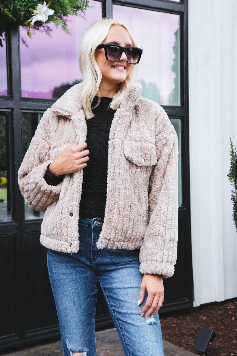 Teddy Snap Button Down Jacket, Mocha