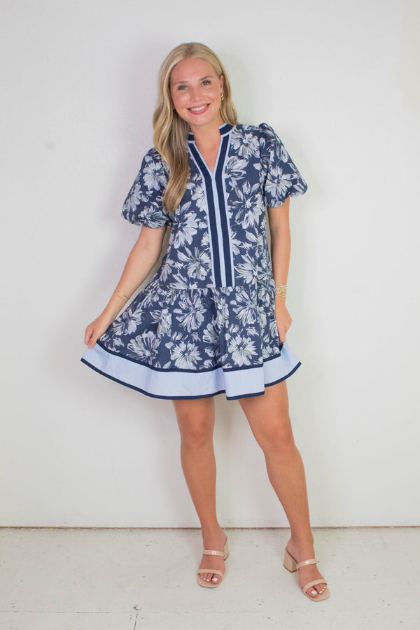 Dinah Puff Sleeve Contrast Stripe Dress, Navy