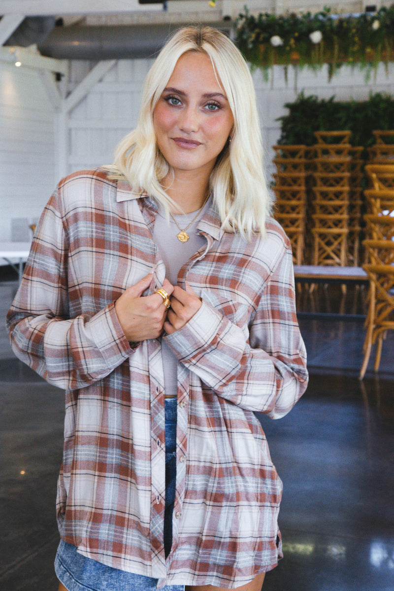 Fall Back Plaid Flannel Shirt, Almond