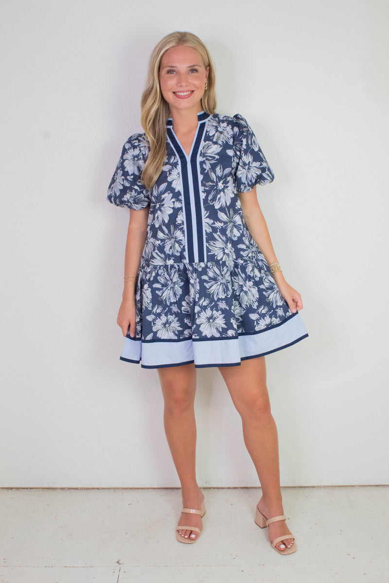 Dinah Puff Sleeve Contrast Stripe Dress, Navy