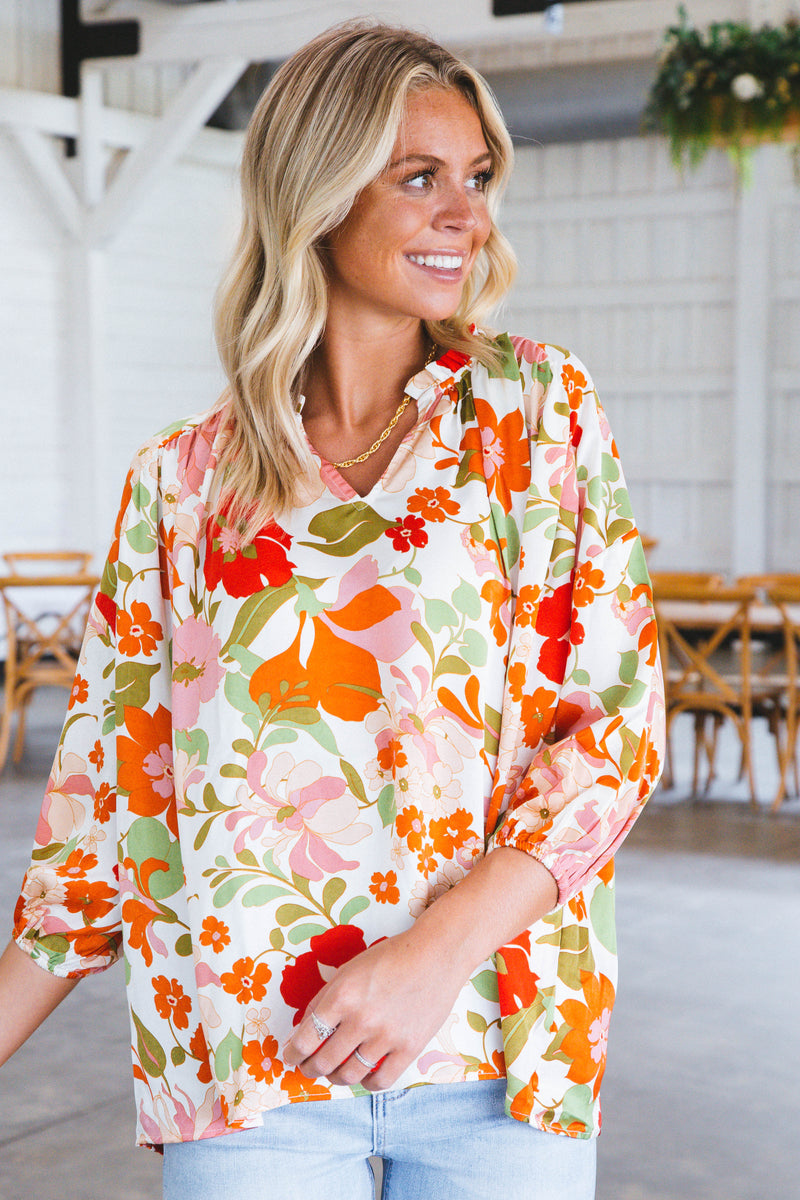 Raine Ruffle Neck Blouse, Natural | Extended Sizes