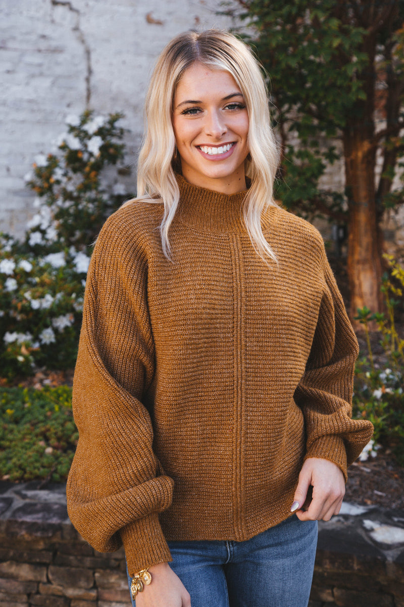 Elsie Chunky Mock Neck Sweater, Pale Brown