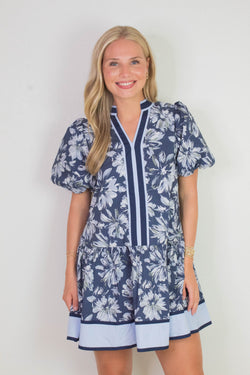 Dinah Puff Sleeve Contrast Stripe Dress, Navy