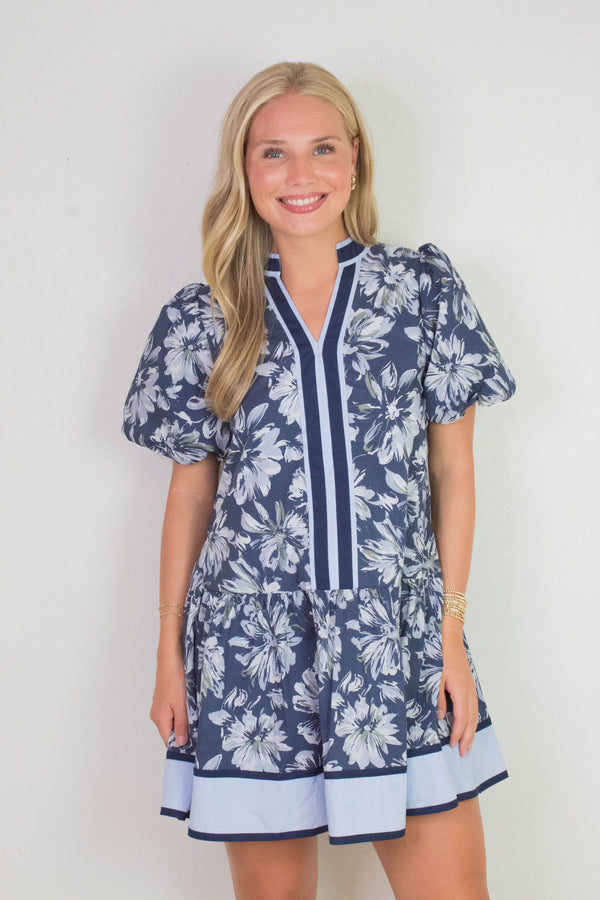 Dinah Puff Sleeve Contrast Stripe Dress, Navy