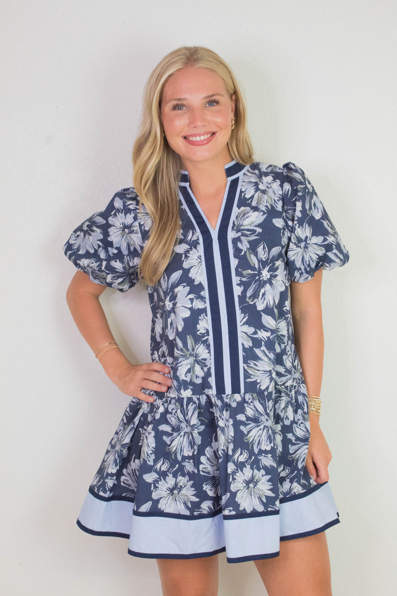 Dinah Puff Sleeve Contrast Stripe Dress, Navy