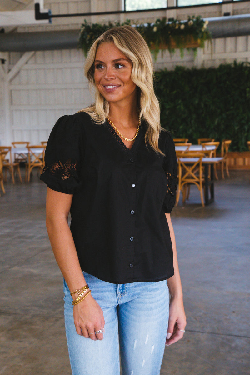 Bianca Button Front Blouse, Black | Sanctuary