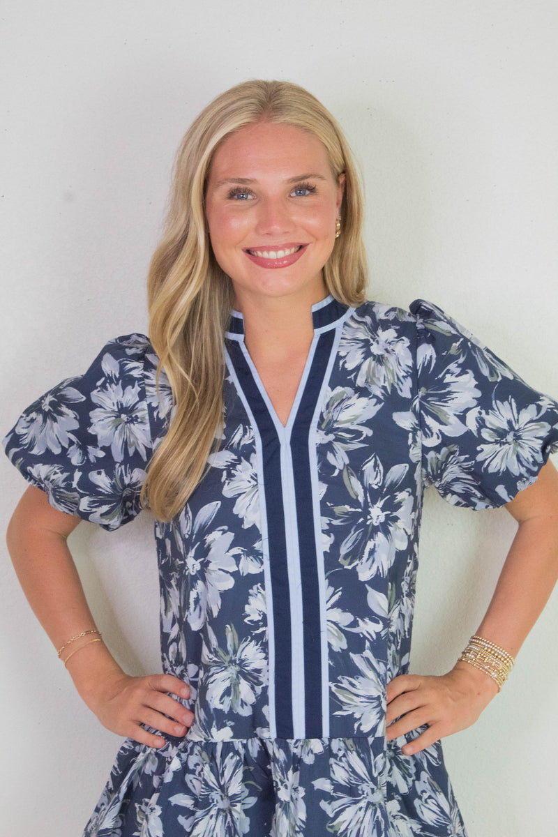 Dinah Puff Sleeve Contrast Stripe Dress, Navy