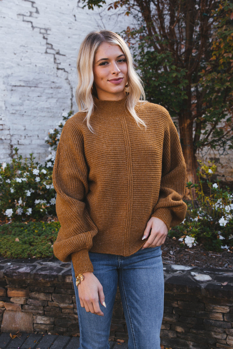 Elsie Chunky Mock Neck Sweater, Pale Brown