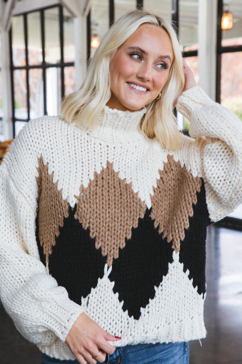 Melody Chunky Knit Geometric Sweater, Mocha Coffee
