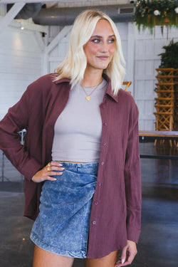 Cora Gauze Oversized Button Down Top, Plum