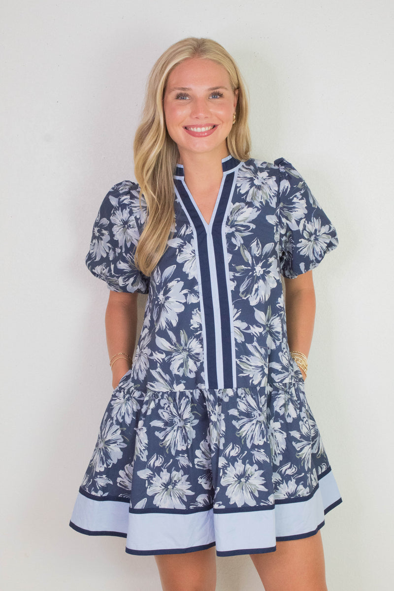Dinah Puff Sleeve Contrast Stripe Dress, Navy