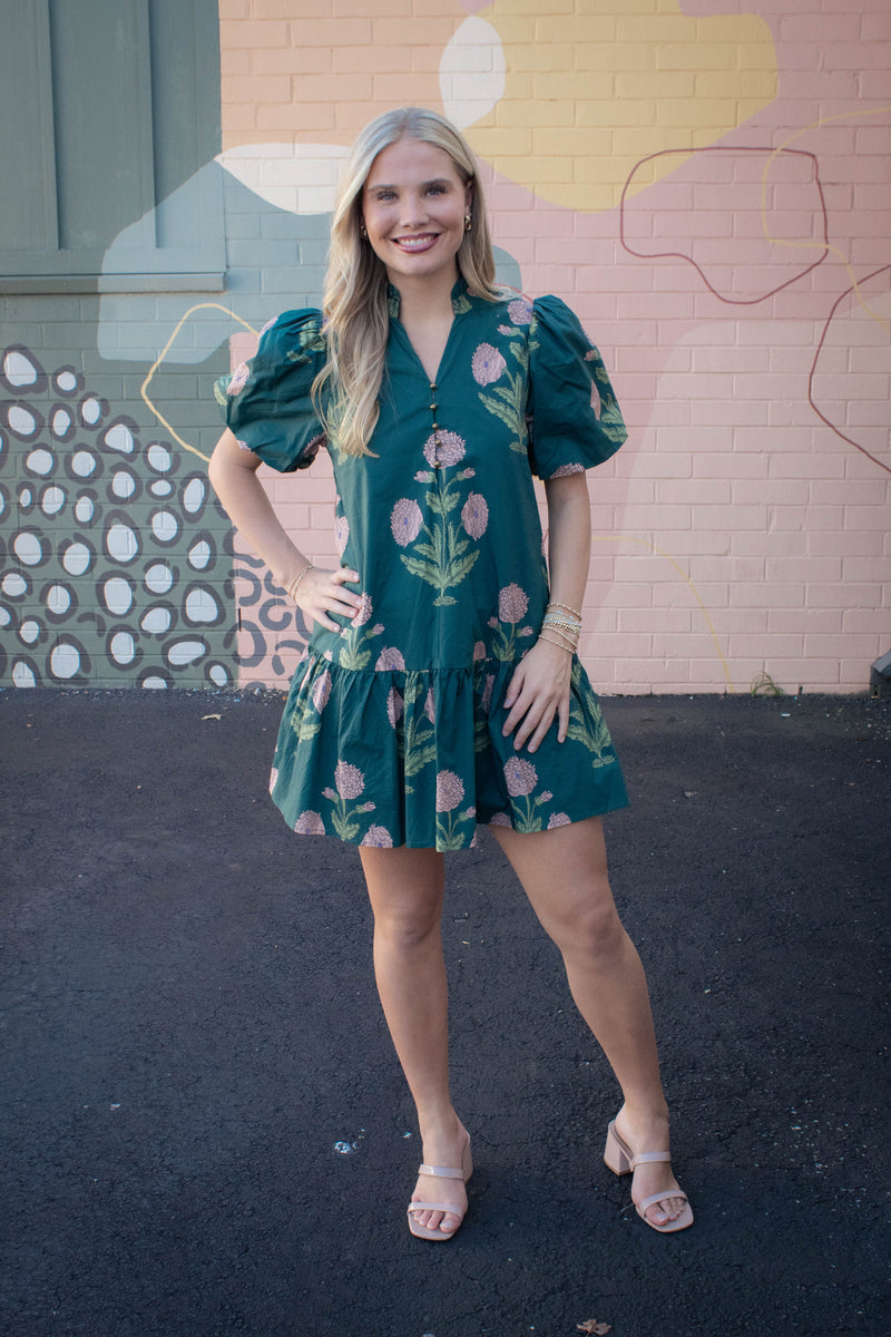 Avery Floral Bubble Sleeve Dress, Hunter Green
