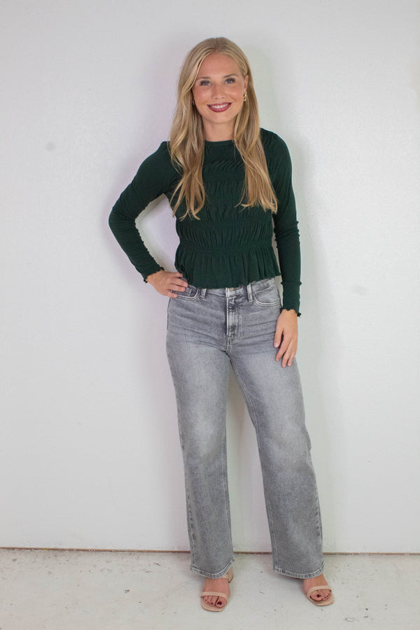Elsie Round Neck Smocked Top, Dark Green