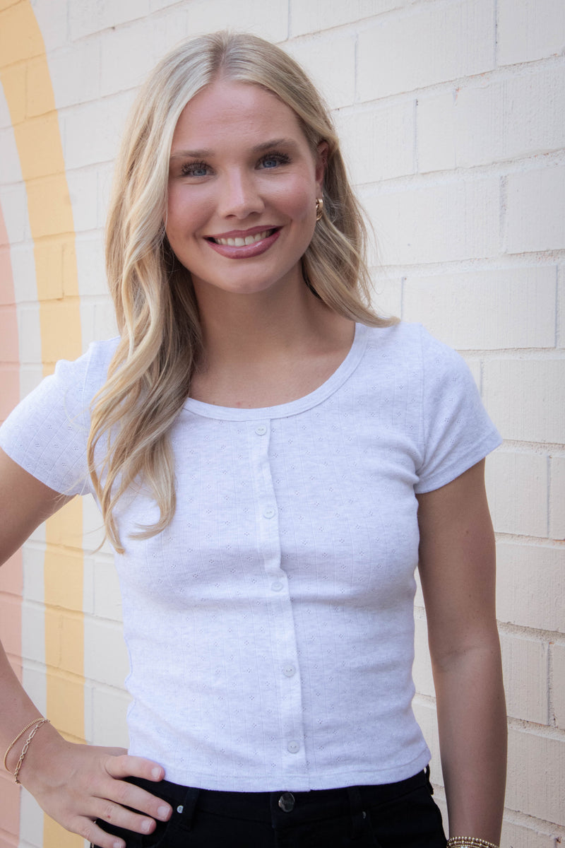 Georgia Faux Button Pointelle Top, Light Heather Grey