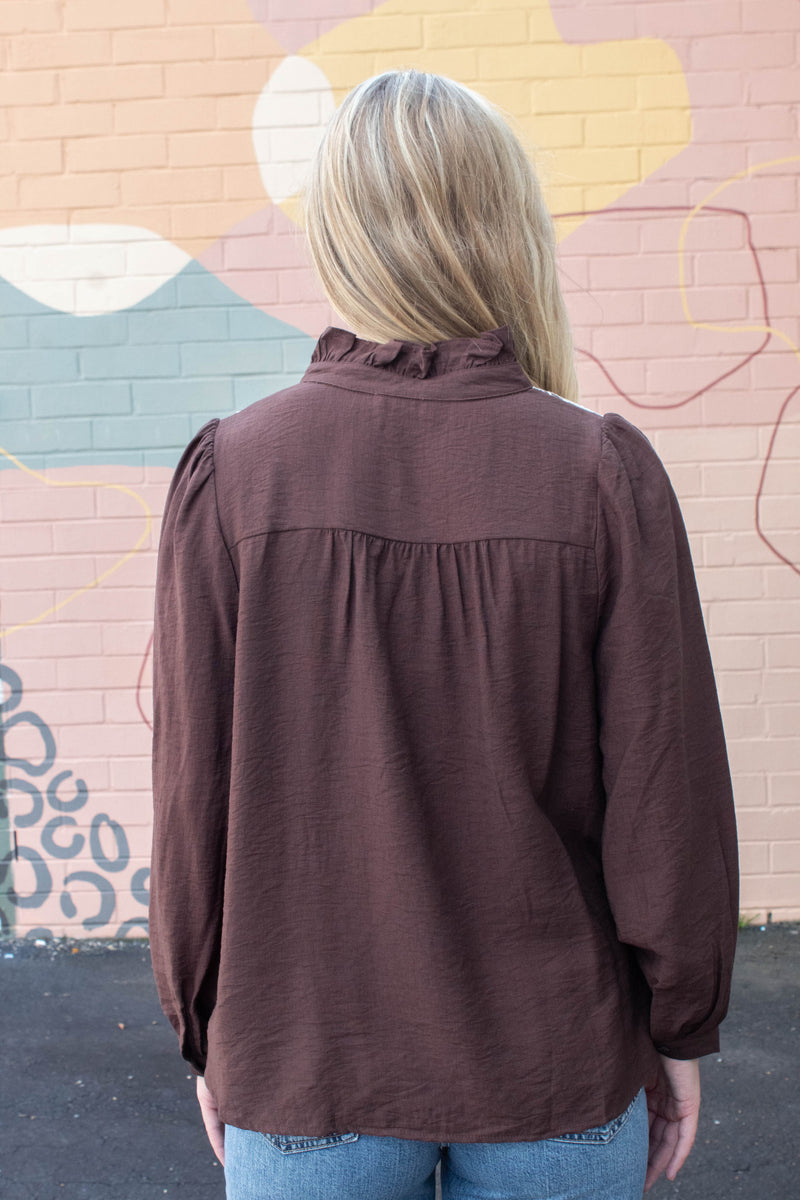 Mary Floral Embroidered Ruffle Neck Top, Brown