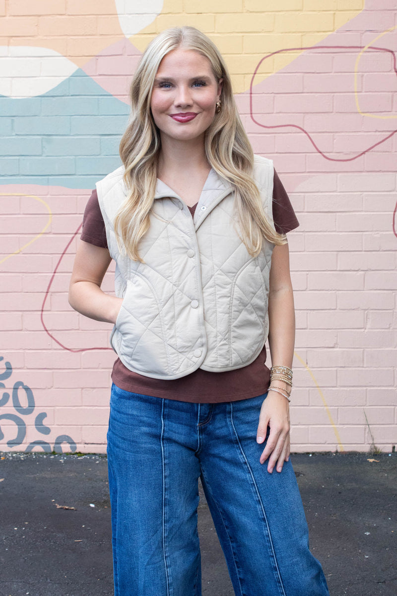 Sara Snap Button Quilted Vest, Khaki