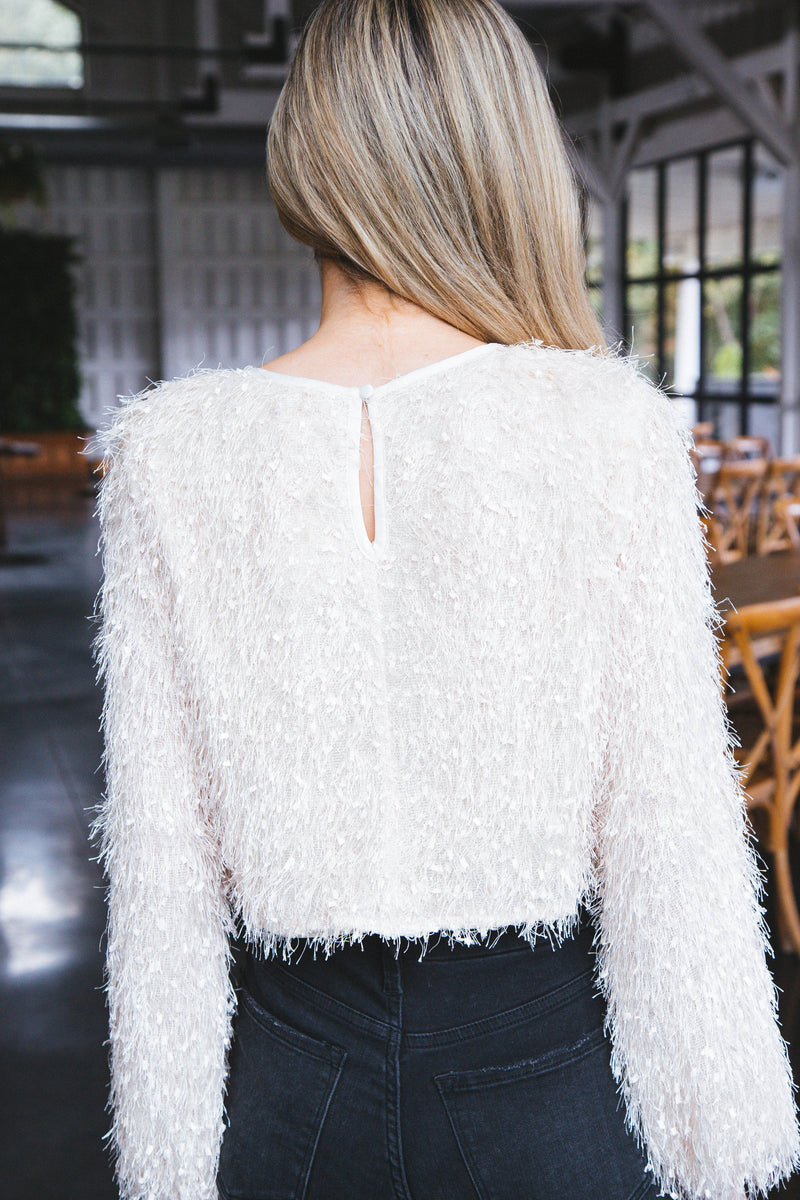 Sage Long Sleeve Fringe Crop Top, Cream