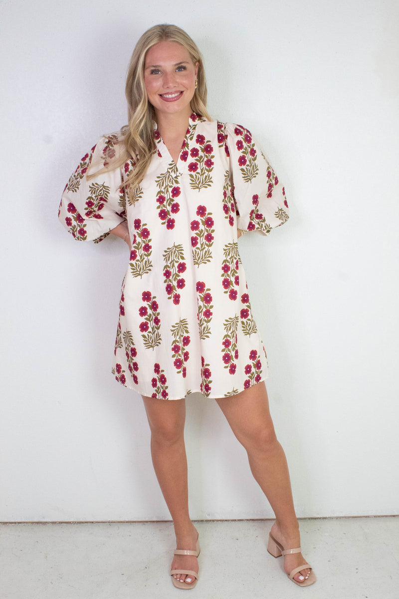 Esme Floral V-Neck Mini Dress, Red Ecru