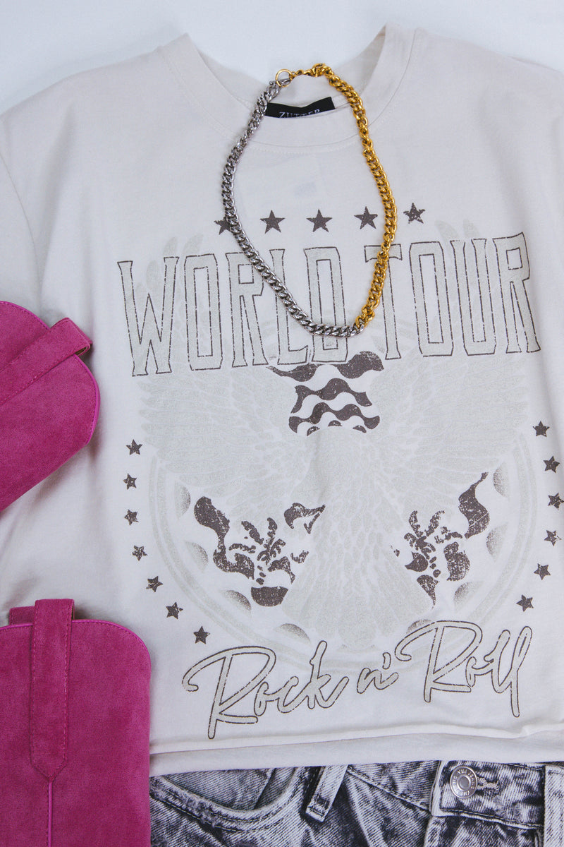 World Tour Cropped Graphic Tee, Antique White
