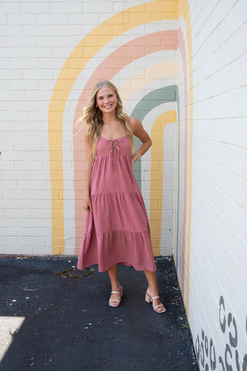 Aurora Striped Front Tie Cutout Dress, Mauve
