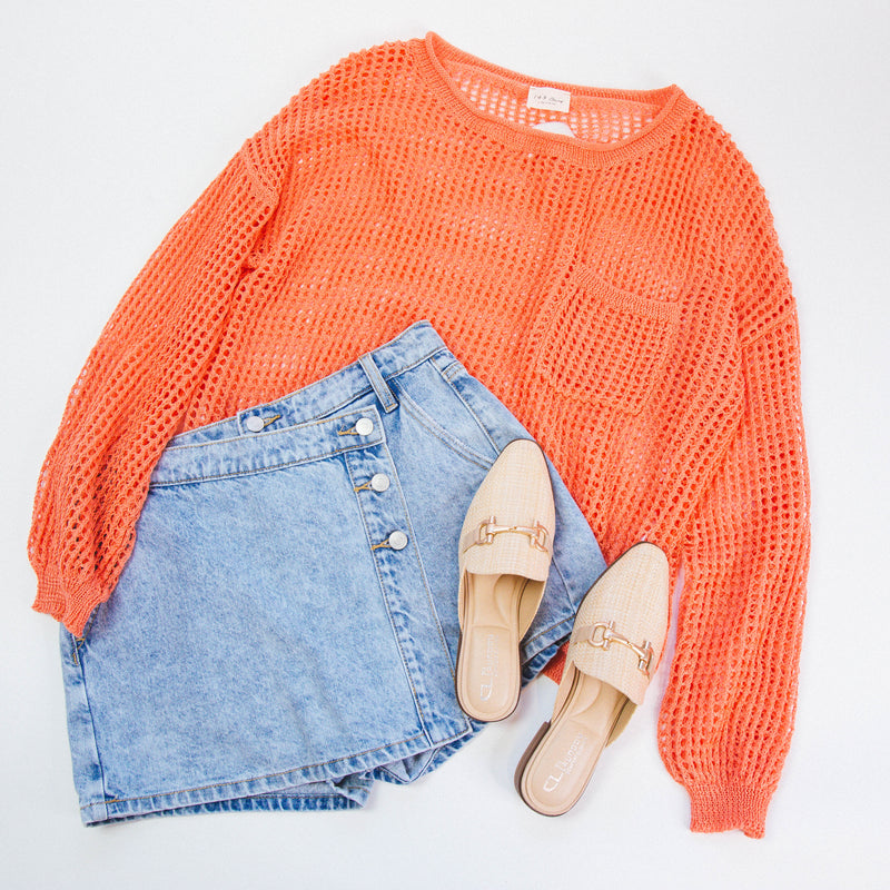 Sissy Solid Open Knit Top, Hot Coral | Plus Size