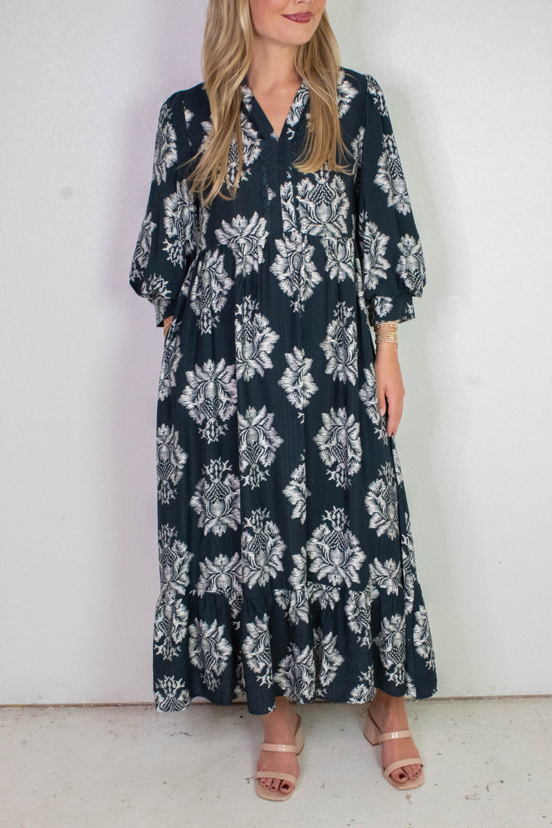 Cecilia Boho Floral Midi Dress, Navy