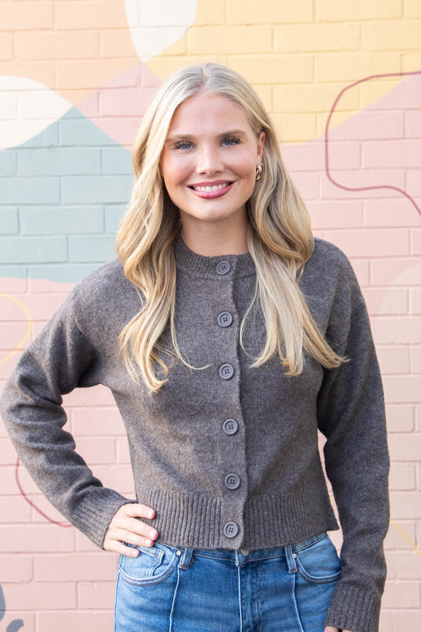 Vivian Round Neck Side Slit Cardigan, Mocha
