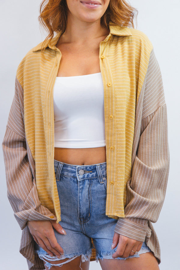 Talan Pin Stripe Button Down Top, Mustard/Brown