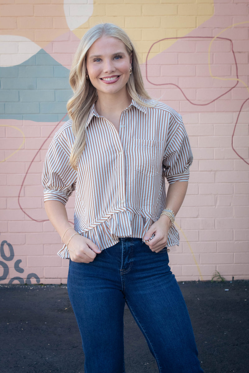 Indie Striped Ruffle Hem Button Up Top, Brown