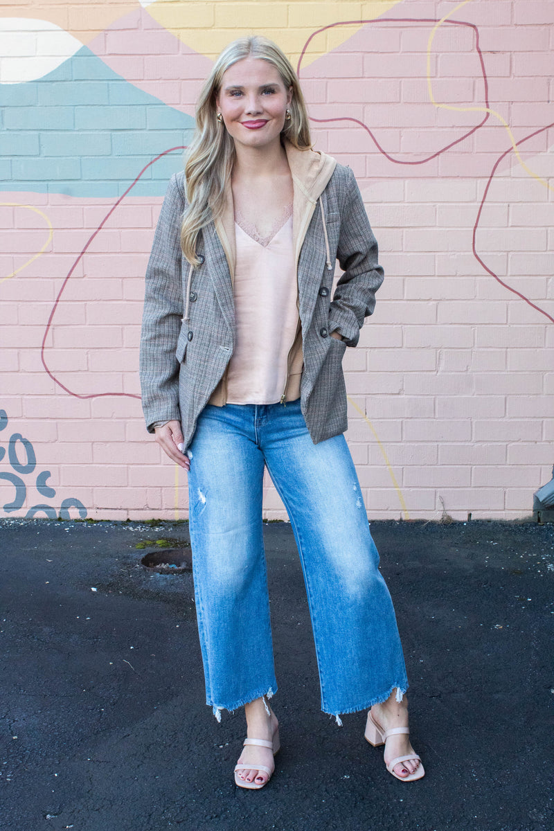 Jovie Herringbone Pattern Hooded Blazer, Tan Combo