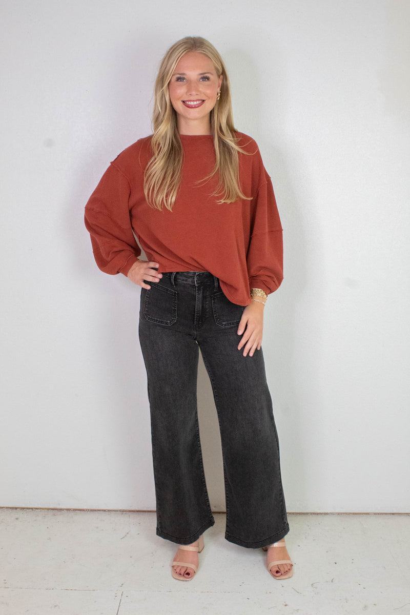 Leah Patch Pocket Wide Leg Jeans, Washed Black