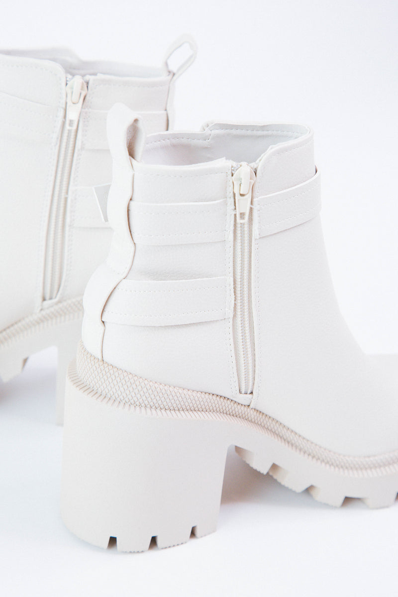 Maze Buckle Strap Chunky Bootie, Ivory Pebble