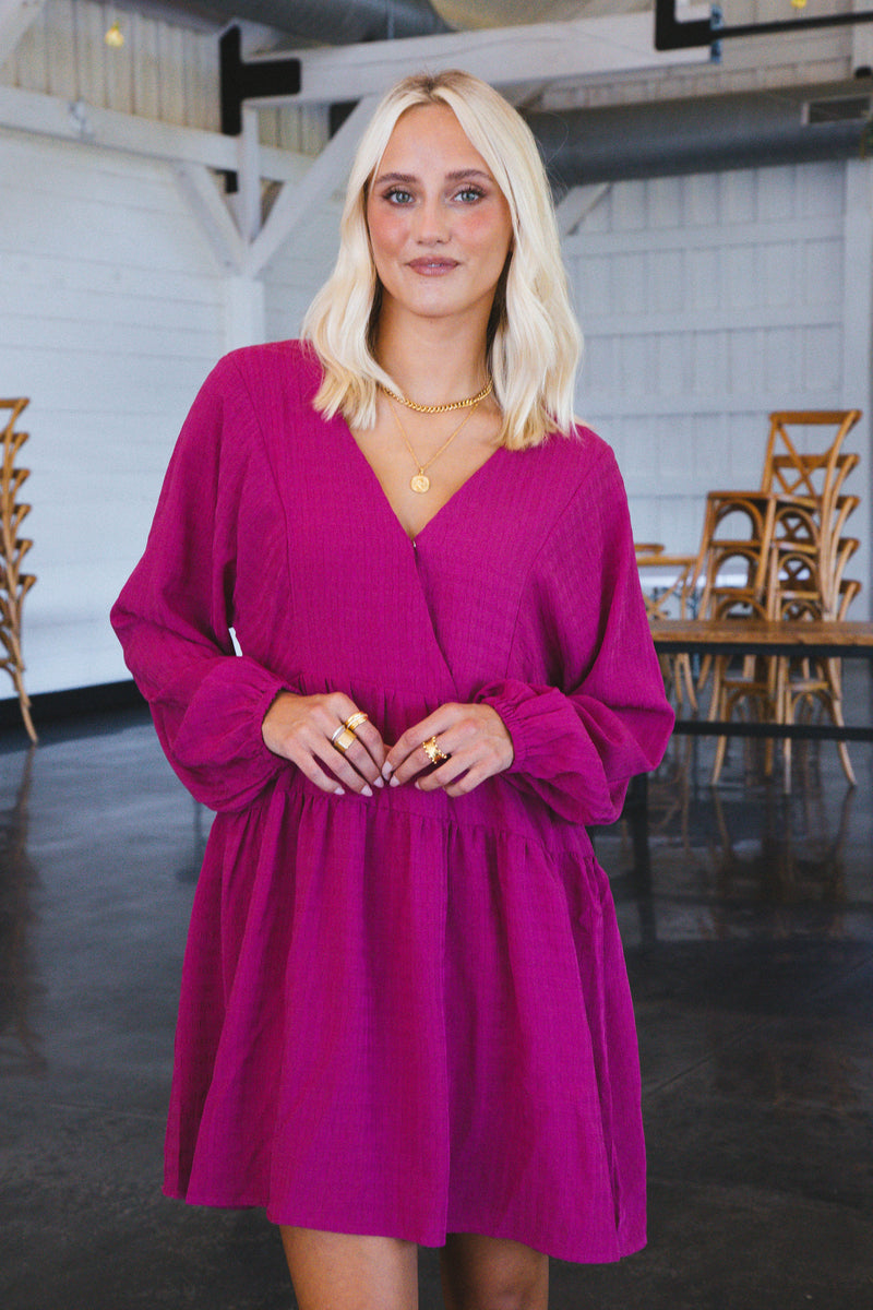 Leah Long Sleeve Tiered Tie Back Dress, Hot Pink