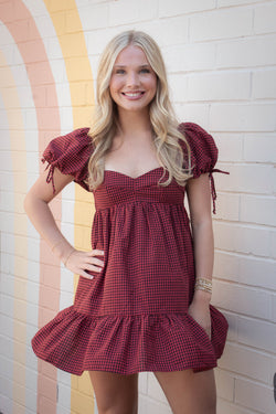 Francine Sweetheart Neck Checkered Dress, Black Red
