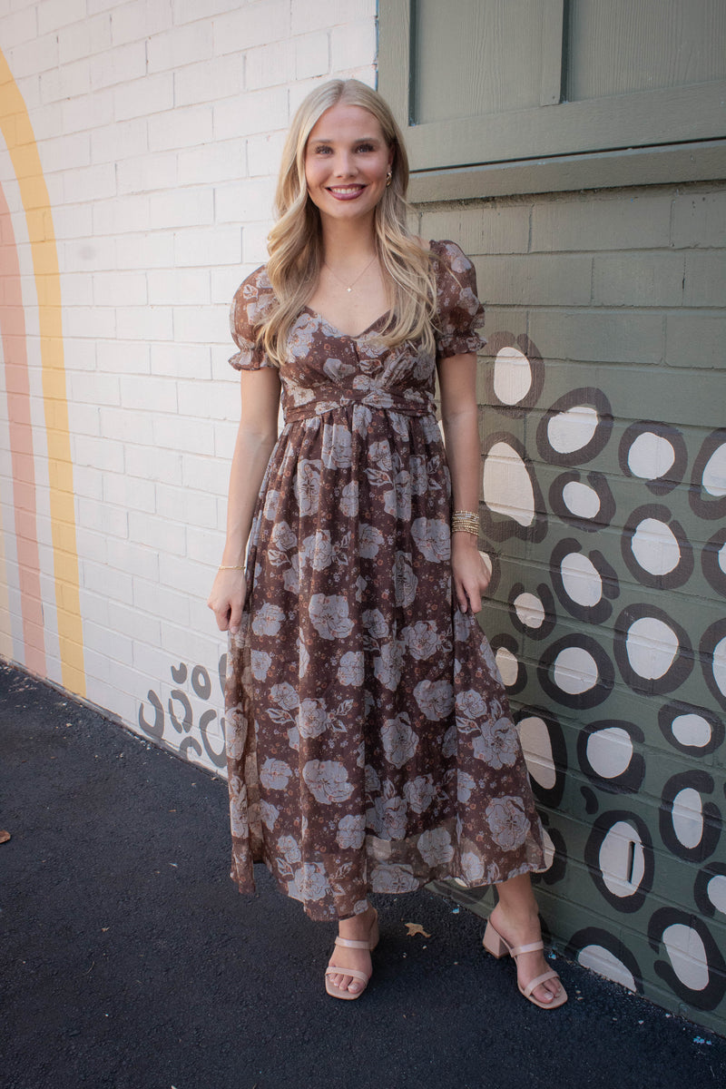 Joy Floral Sweetheart Midi Dress, Brown Multi