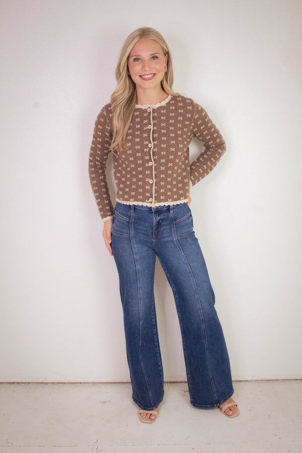 Lia Printed Contrast Scallop Trim Cardigan, Cocoa