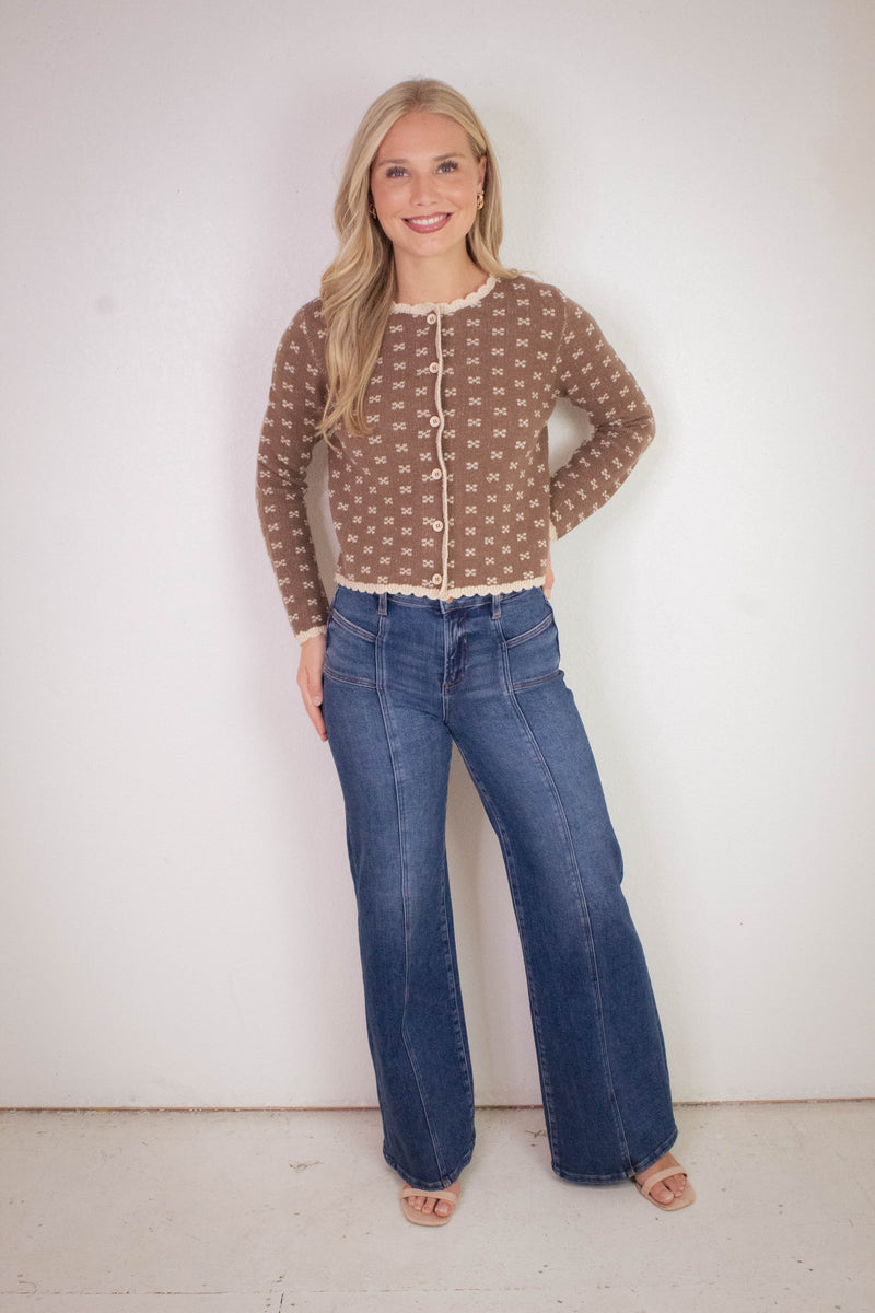 Lia Printed Contrast Scallop Trim Cardigan, Cocoa