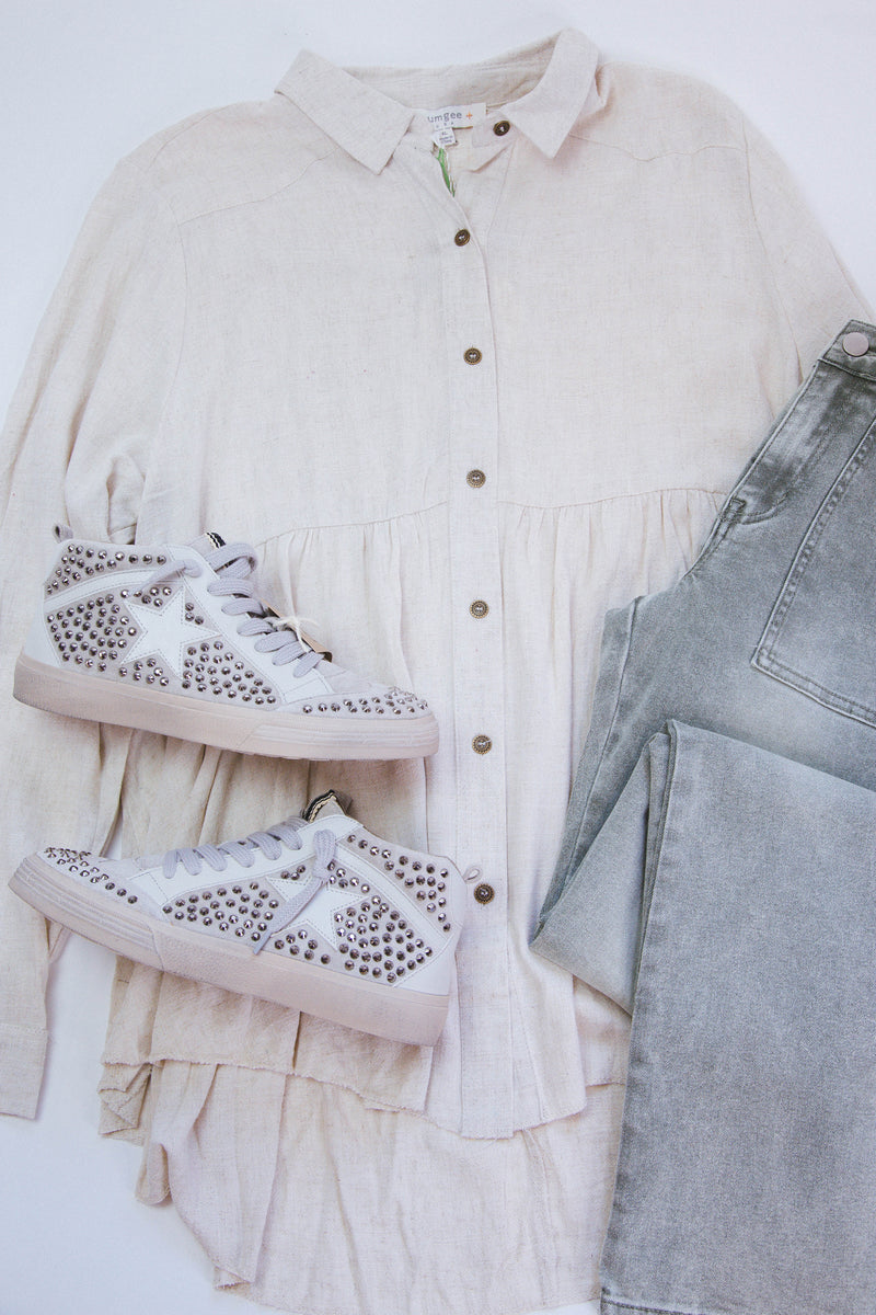 Birdie Button Down Babydoll Shirt, Oatmeal | Plus Size